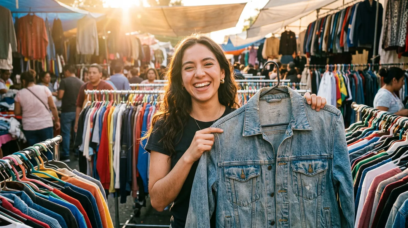 Chica mostrando una chamarra de mezclilla vintage en un tianguis