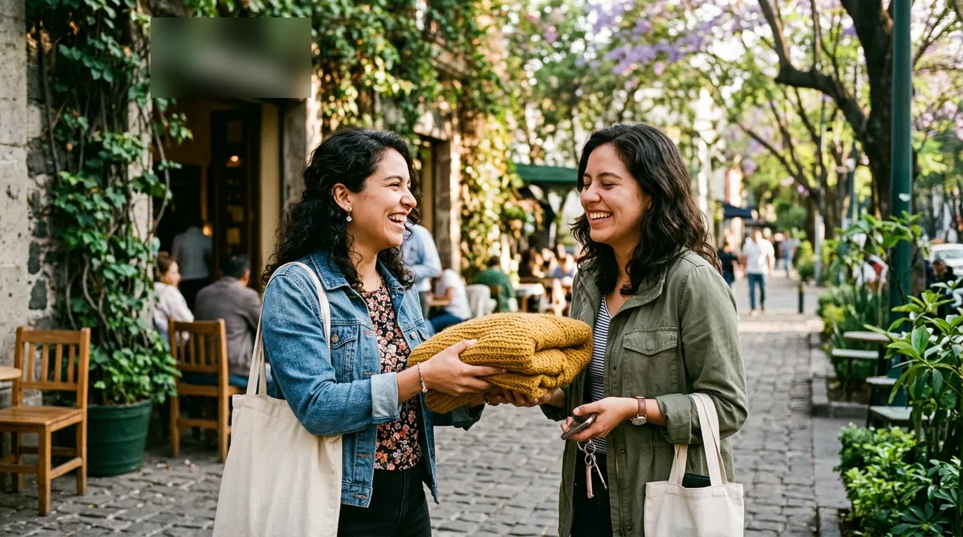 Dos amigas entregándose un suéter frente a un café